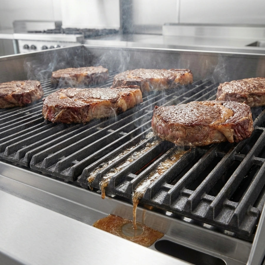 Showcasing the robust 4-bar cast iron grates, this charbroiler efficiently channels away excess grease for cleaner cooking.