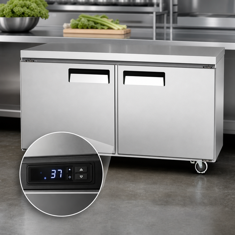 Product image #4 for Juneau 60-Inch Two-Section Undercounter Reach-In Refrigerator, 8.9 Cu. Ft., Stainless Steel, Solid Hinged Doors