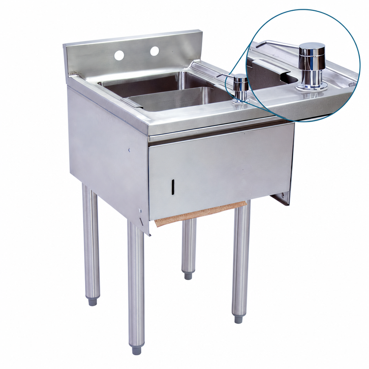 Product image #4 for BK Resources Slimline Underbar Dump Sink with Splash Mount Faucet, Soap Dispenser, Towel Dispenser and Basket Drain, 15-1/2 Inch Wide, 1 Compartment