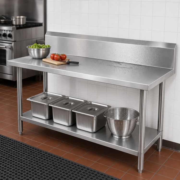 Product image #4 for Advance Tabco 84" x 36" 14 Gauge 304 Stainless Steel Work Table with 10" Backsplash and Adjustable Undershelf