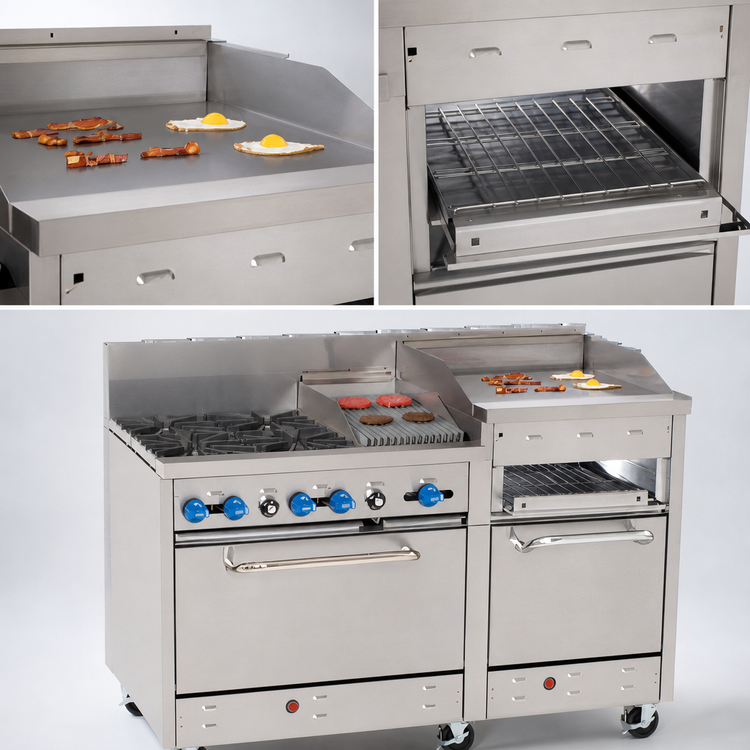 Product image #4 for Comstock-Castle 60-Inch Commercial Gas Range with 2 Open Burners, 24-Inch Raised Griddle, 24-Inch Char-Broiler, and 2 Standard Ovens