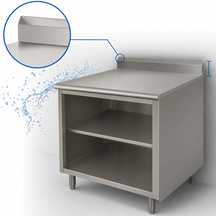 Product image #4 for Advance Tabco EK-SS-244M 48" W x 24" D 14 Gauge 304 Stainless Steel Open Front Cabinet Work Table with 5" Backsplash and Mid Shelf