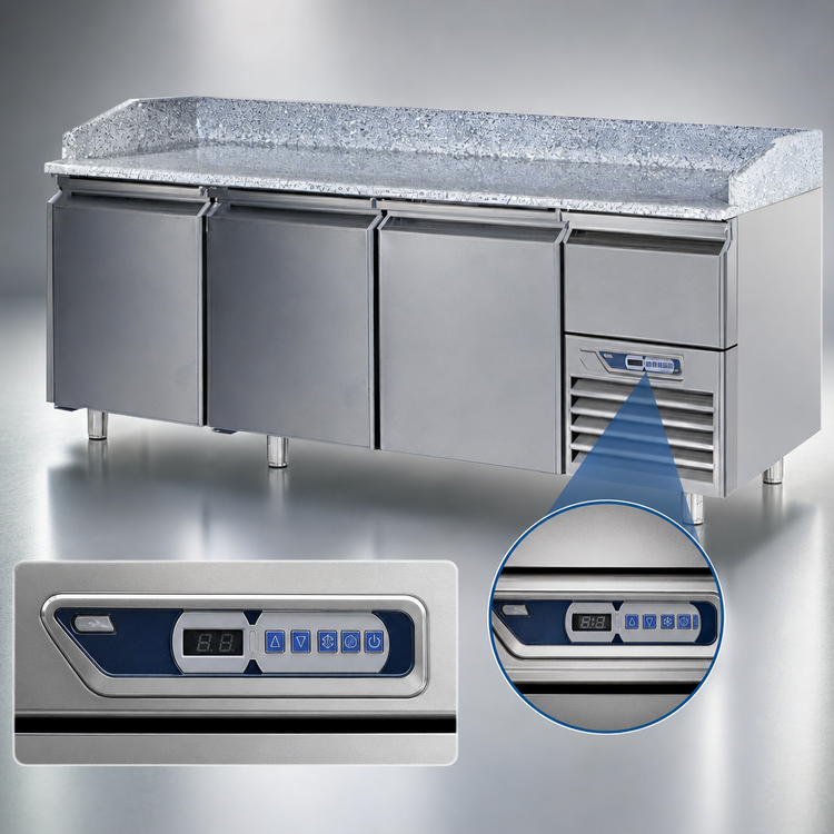 Product image #4 for Marra Forni 87.75-Inch Three-Section Refrigerated Pizza Prep Table with Granite Work Surface
