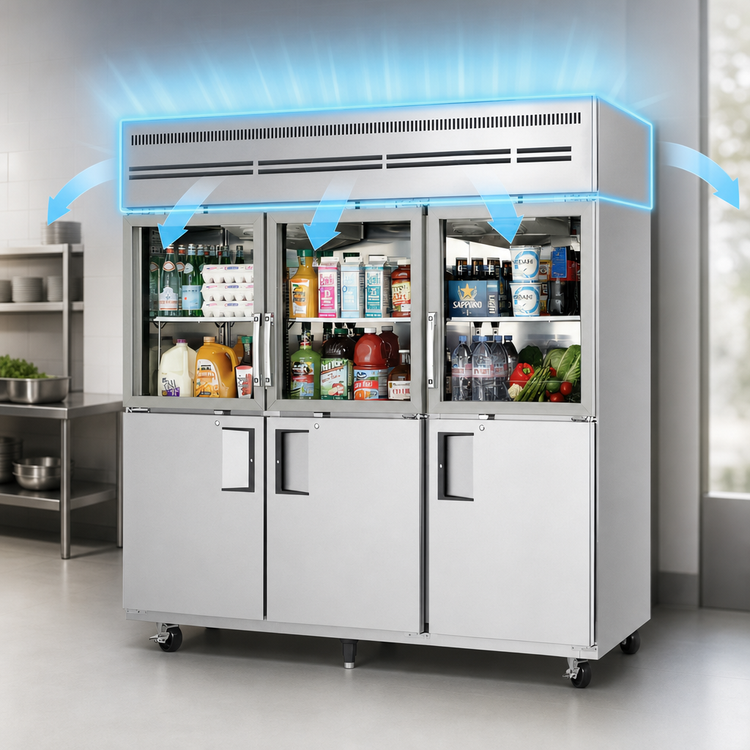 Product image #4 for Everest Refrigeration Three-Section Reach-In Refrigerator with Combination Glass and Solid Half Doors, 71 Cu. Ft., Top-Mounted Self-Contained Refrigeration