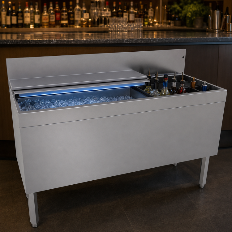 Product image #4 for Glastender Extra Deep Underbar Ice Bin/Cocktail Unit with Bottle Wells and 10-Circuit Cold Plate, 48 Inch W x 19 Inch D