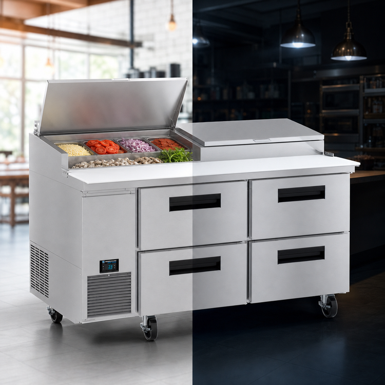 Product image #4 for Hoshizaki Steelheart PR67B-D4 67 Inch Two-Section Pizza Prep Table with Drawers