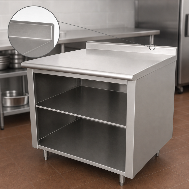 Product image #4 for Advance Tabco 36" x 30" 14-Gauge 304 Stainless Steel Work Table with Open Front Cabinet Base, Mid-Shelf, and 1-1/2" Rear Up-Turn