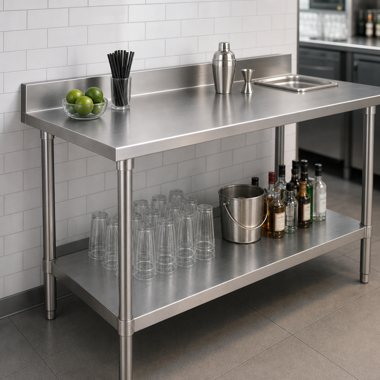 Product image #4 for John Boos Stallion 108-inch W x 24-inch D 16-Gauge 300 Series Stainless Steel Underbar Work Table with 5-inch Backsplash, Safety Edge and Galvanized Undershelf
