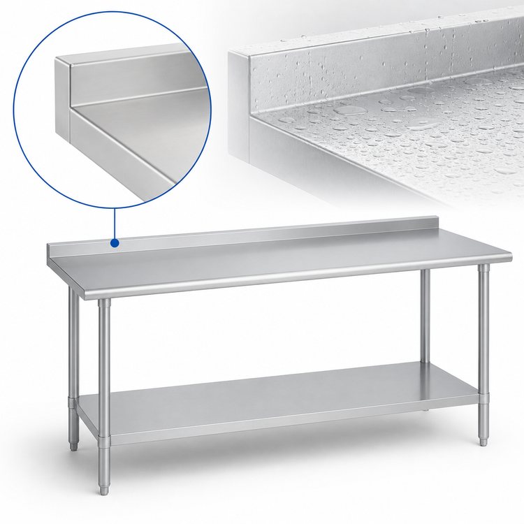 Product image #4 for Duke 144 Inch x 24 Inch 16 Gauge Deluxe Stainless Steel Work Table with 1-1/8 Inch Straight Riser