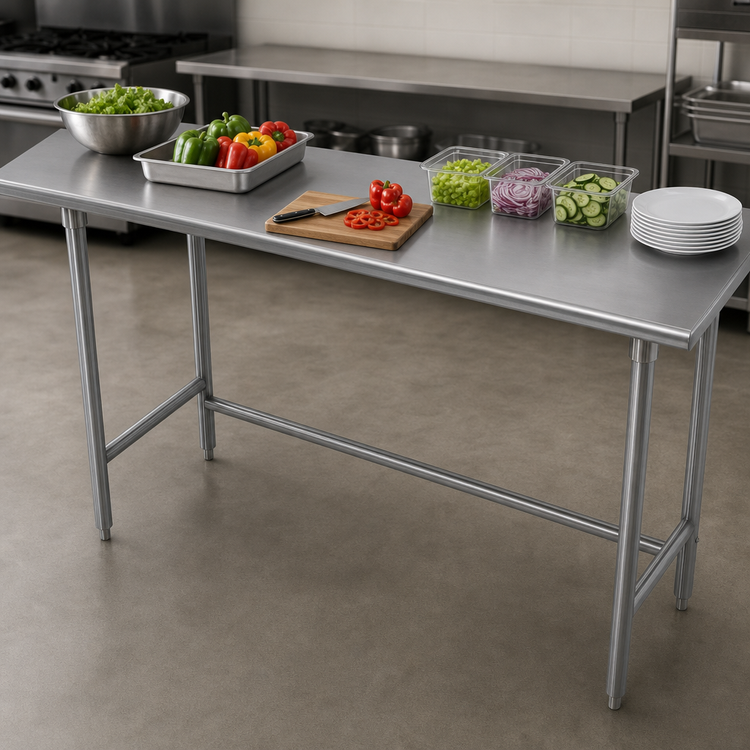 Product image #4 for Advance Tabco 144-Inch x 36-Inch Flat Top Work Table with 16 Gauge 430 Stainless Steel Top and Galvanized Open Base
