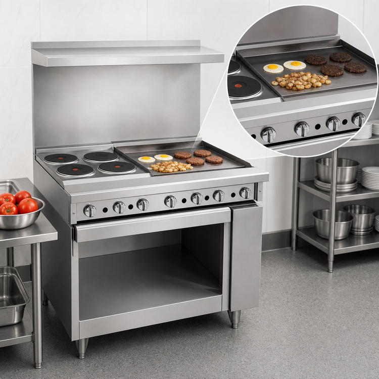 Product image #4 for Imperial Pro Series 36-Inch Electric Restaurant Range with 4 Round Elements, 12-Inch Thermostatic Griddle and Open Cabinet Base