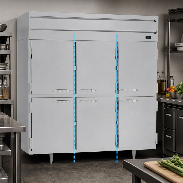 Product image #4 for Beverage Air P-Series Three-Section Pass-Thru Reach-In Refrigerator with 12 Solid Half Doors, 73.99 Cu. Ft.