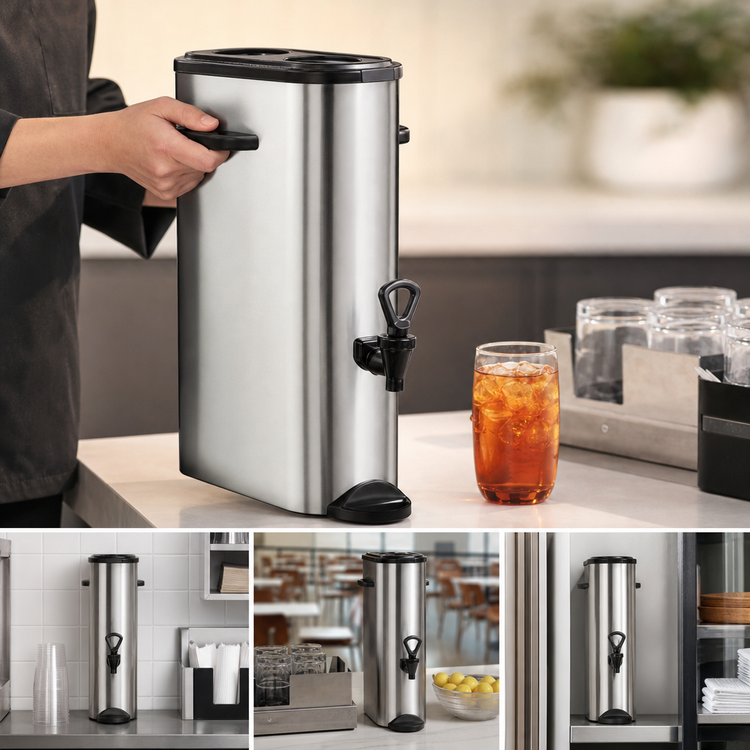 Product image #4 for Narrow 4-Gallon Stainless Steel Iced Tea Dispenser with Portable Handles and No-Drip Faucet