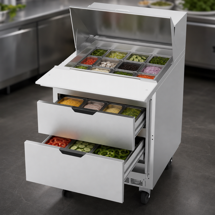 Product image #5 for Beverage Air 27-Inch One-Section Mega Top Refrigerated Prep Table with 2 Drawers and 12-Pan Top