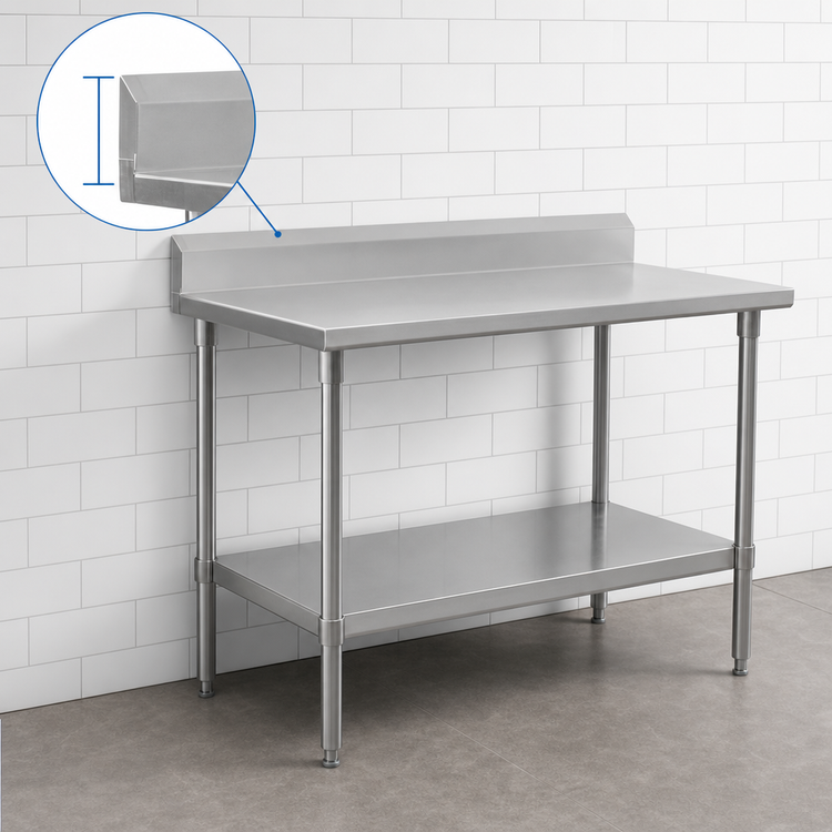 Product image #4 for John Boos Stallion 84"W x 30"D Stainless Steel Top Work Table with 5" Backsplash, Safety Edge, and Adjustable Undershelf