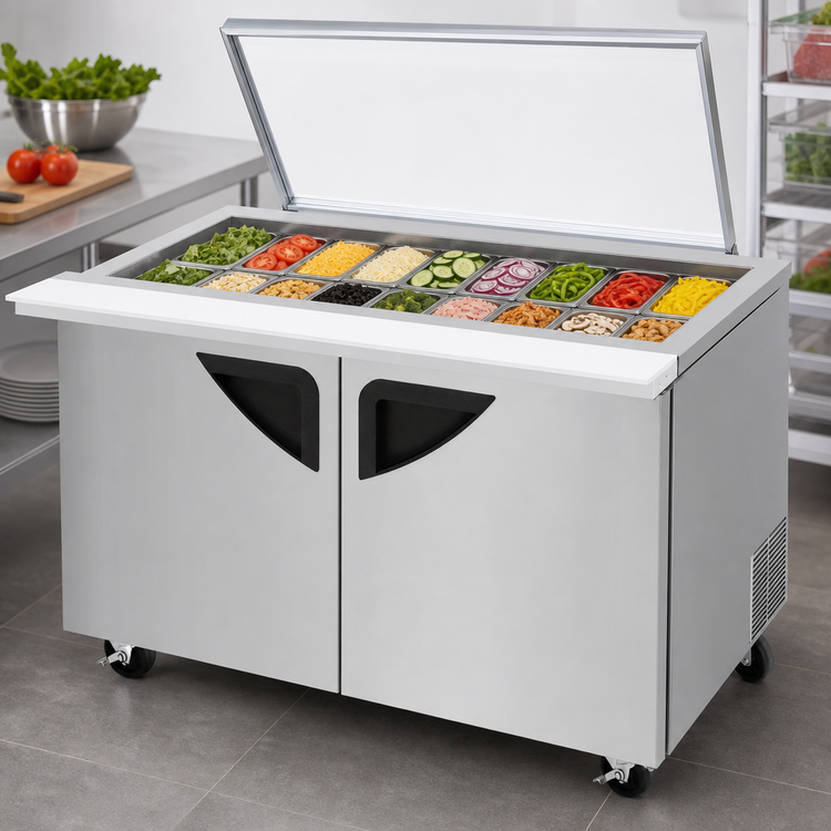 Product image #4 for Turbo Air Super Deluxe 48-1/4-Inch Two-Section Sandwich/Salad Mega Top Prep Table with Glass Lid, 18-Pan Capacity