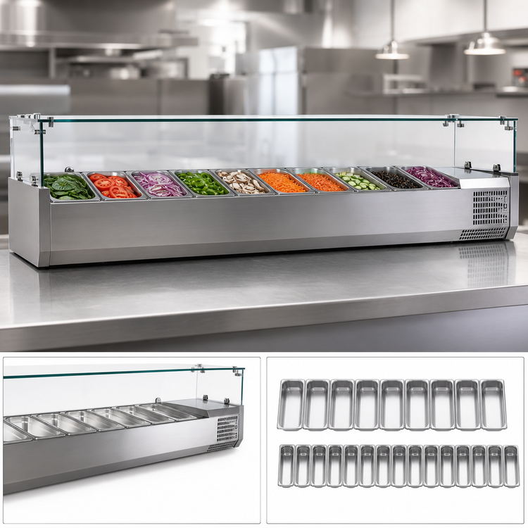 Product image #4 for Omcan 79-Inch Countertop Refrigerated Topping Rail with Glass Sneeze Guard, 9 x 1/3 GN Pan Capacity