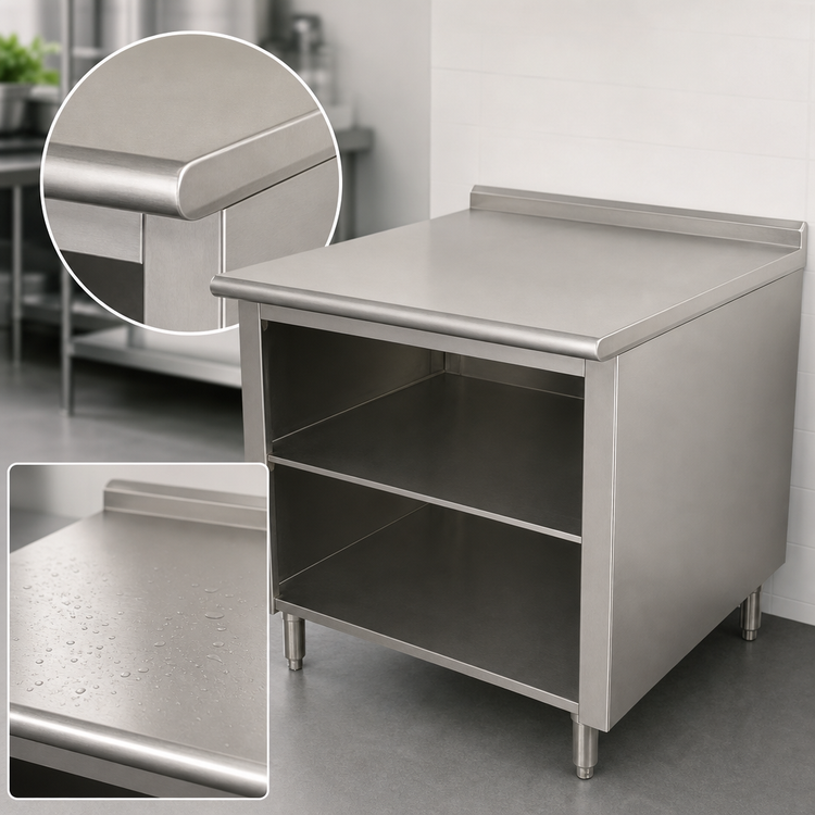 Product image #4 for Advance Tabco 84-Inch x 24-Inch Open Front Cabinet Base Work Table with Mid-Shelf, 14 Gauge 304 Stainless Steel Top and 1-1/2-Inch Rear Up-Turn