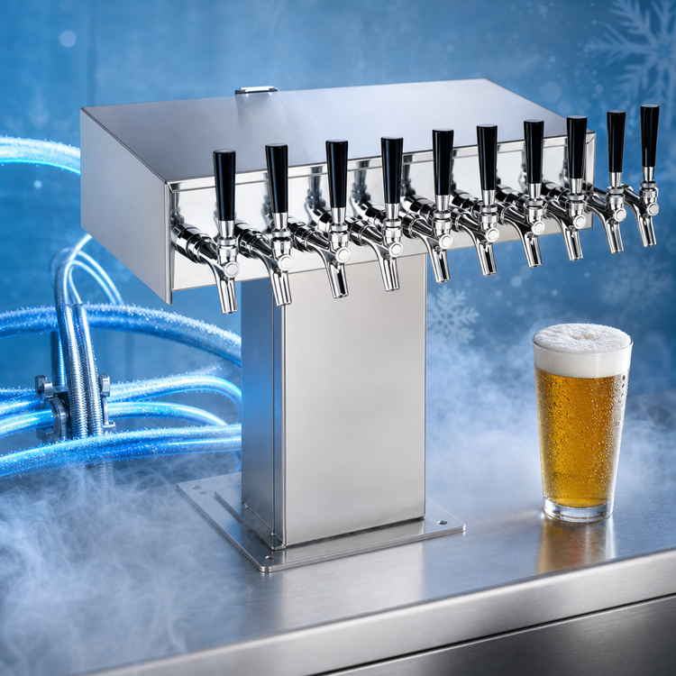 Product image #4 for Perlick 55-1/8" Wide 20-Faucet Glycol-Cooled Countertop Bridge Tee Draft Beer Tower, Tarnish-Free Brass