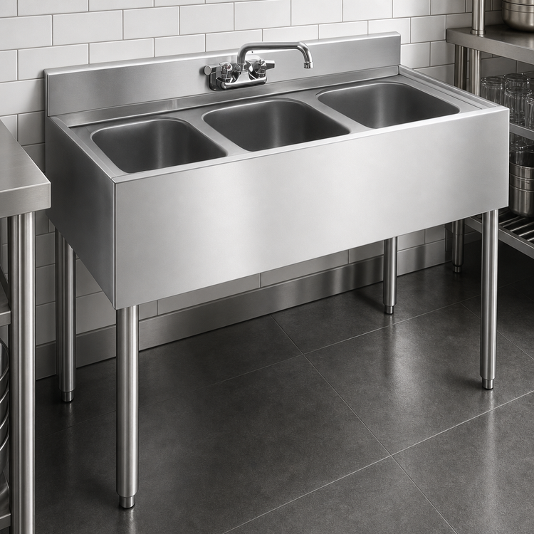 Product image #4 for Krowne Silver Series 36-Inch Three-Compartment Stainless Steel Underbar Sink with Wall-Mount Faucet