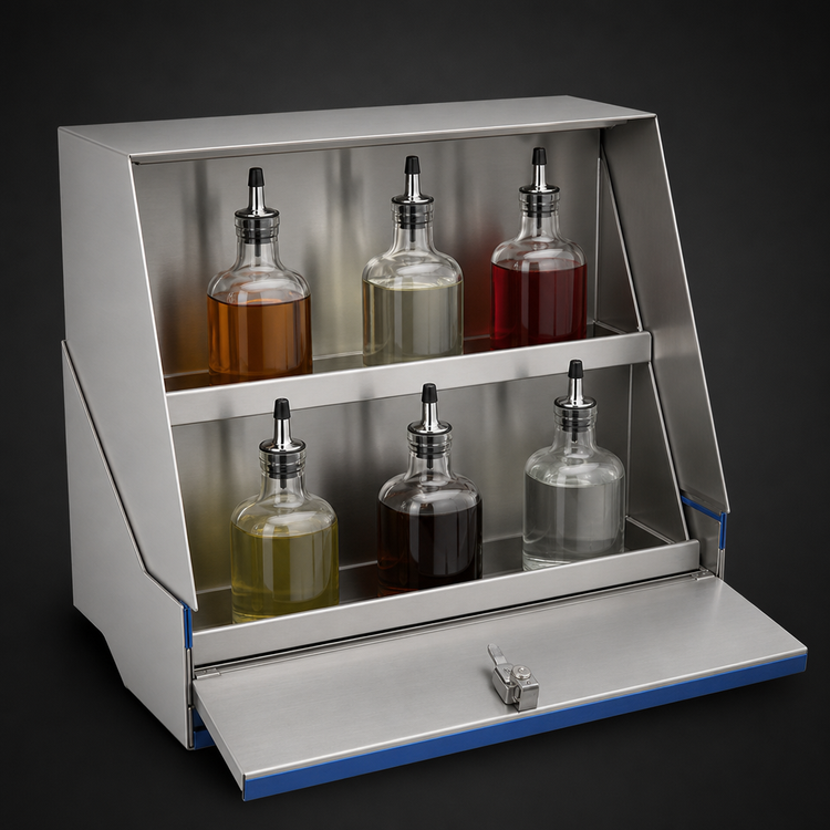 Product image #4 for Advance Tabco Prestige Supreme 12-Inch Double-Tier Stainless Steel Speed Rail with Locking Cover, 6-Bottle Capacity