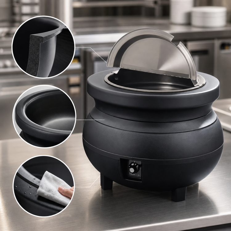 Product image #5 for Vollrath Cayenne Colonial Kettle 11 Quart Countertop Soup Warmer Package with Hinged Cover and Inset, Black