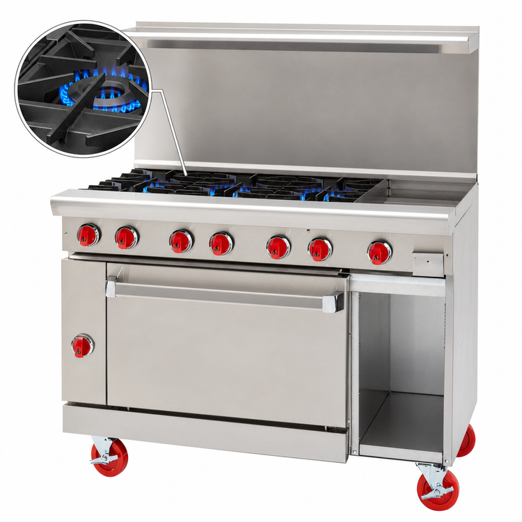 Product image #4 for American Range 48-Inch Gas Restaurant Range with 24-Inch Left Griddle, 4 Open Burners, Convection Oven, and Right Storage Base