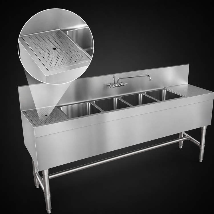 Product image #4 for Eagle Group Spec-Bar Four-Compartment Underbar Sink Unit with Left Drainboard, 72 Inch W x 24 Inch D