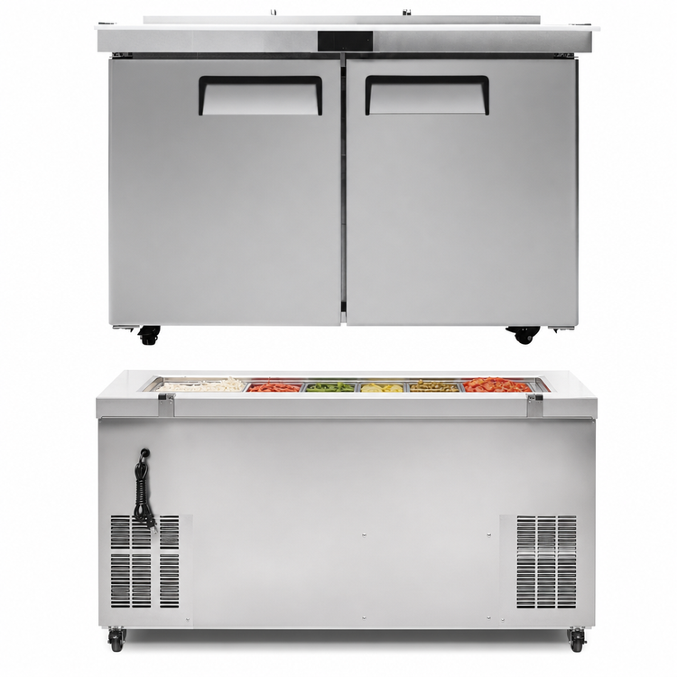 Product image #4 for Atosa Two-Section Mega Top Sandwich/Salad Prep Table Refrigerator with 18 1/6 Pans, 48-1/5 Inch Wide, 13.4 Cu. Ft., Rear-Mounted Self-Contained Refrigeration
