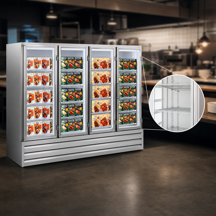 Product image #4 for Howard-McCray GF88BM-S-FF Four-Section Glass Door Frozen Foods Merchandiser Freezer, 88 Cu. Ft., Stainless Steel