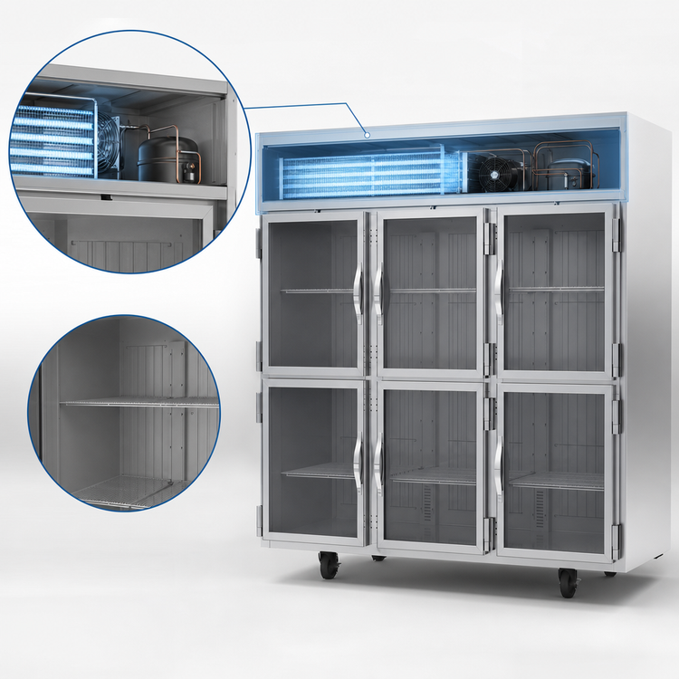 Product image #4 for Beverage-Air Horizon Series Three-Section Reach-In Freezer with Six Half-Glass Doors, 69.1 Cu. Ft., Top-Mounted Self-Contained Refrigeration
