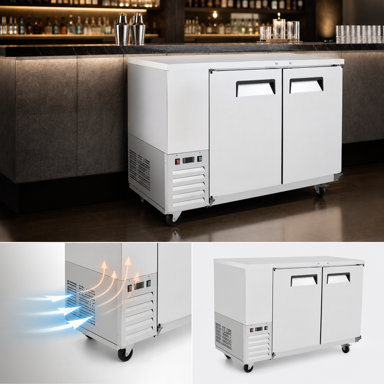 Product image #4 for 48-Inch Two-Section Stainless Steel Back Bar Cooler with Solid Doors and Side-Mounted Self-Contained Refrigeration