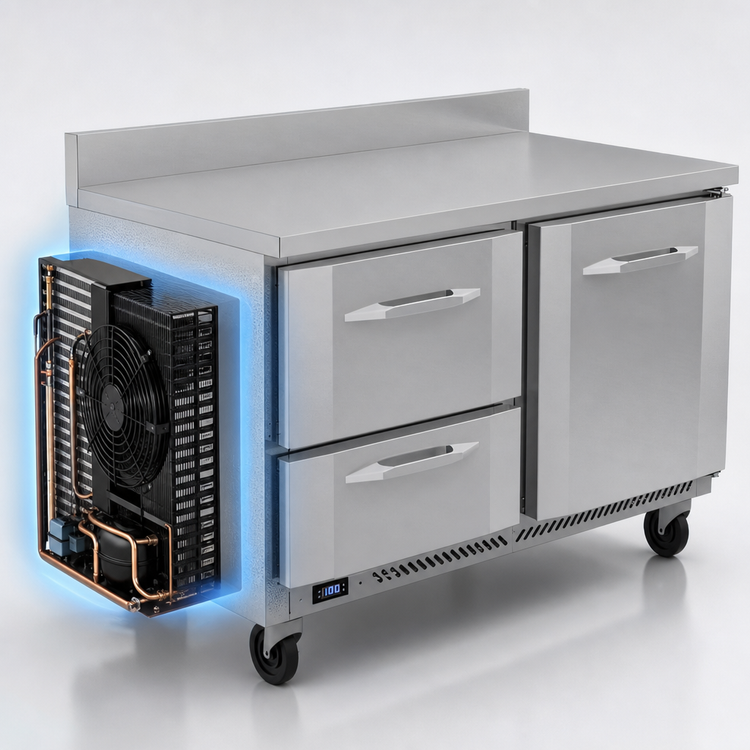 Product image #4 for Victory Refrigeration VWFD48HC-2 48-Inch Two-Section Worktop Freezer Counter with Doors and Drawers, 11.04 Cu. Ft., Rear-Mounted Self-Contained R290