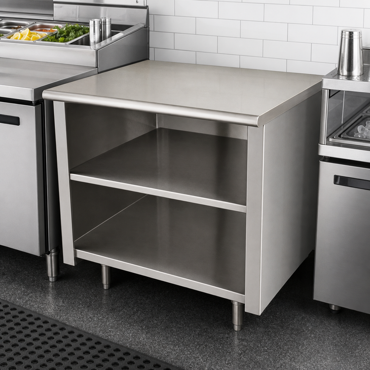 Product image #4 for Advance Tabco Special Value Series 48" x 30" Open Base Work Table with Mid Shelf, 304 Stainless Steel Flat Top