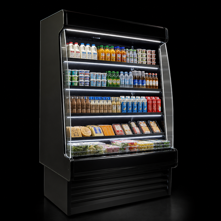 Product image #4 for Howard-McCray 35E Series 147-Inch Remote Dairy Open Merchandiser with LED Lighting, Black, Sloped Endless Design