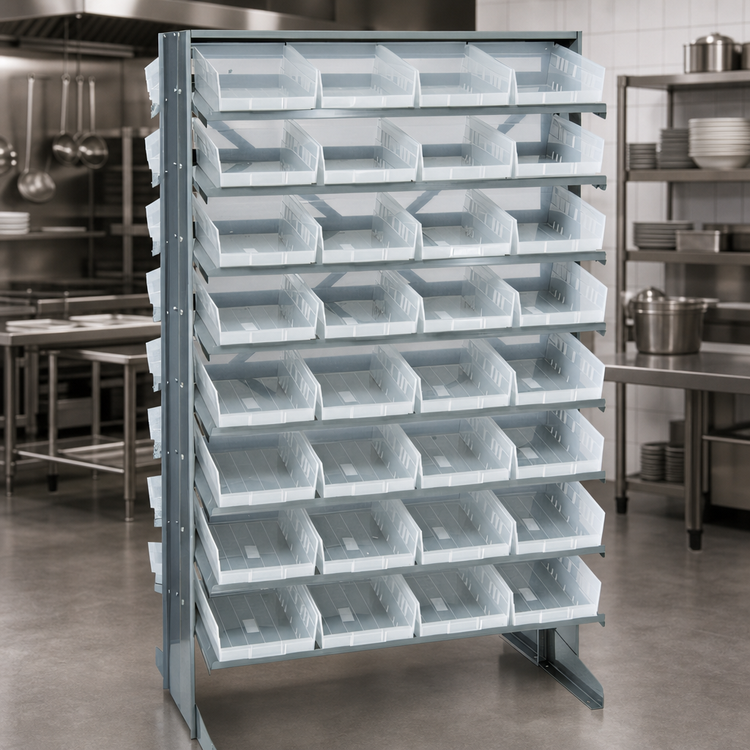 Product image #4 for Quantum Sloped Double-Sided Pick Rack with 64 Clear Bins, 36W x 24D x 60H