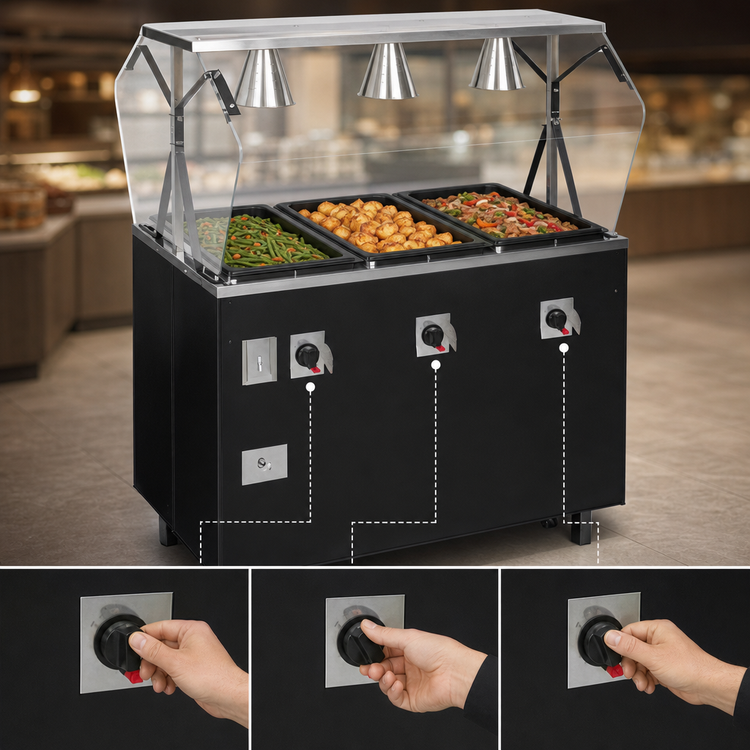 Product image #4 for Vollrath 2-Series Affordable Portable™ 3-Well Mobile Hot Food Station with Buffet Breath Guard, 208-240V, Black Enclosed Base