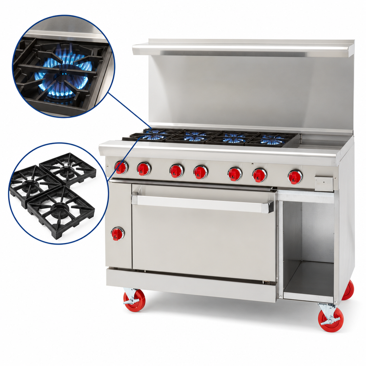 Product image #4 for American Range 48-Inch Gas Restaurant Range with 24-Inch Manual Griddle, 4 Open Burners, Standard Oven, and Storage Base