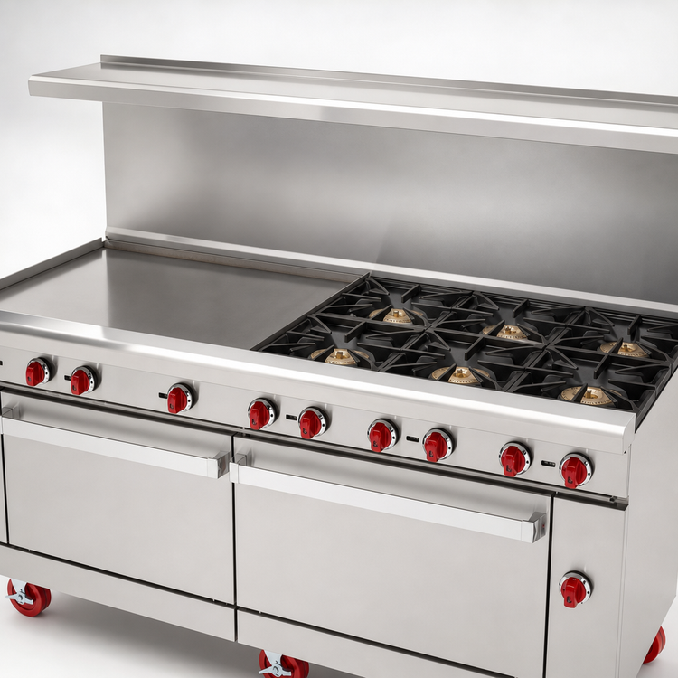 Product image #4 for American Range 72-Inch Gas Restaurant Range with 36-Inch Griddle, 6 Open Burners, and 2 Storage Bases