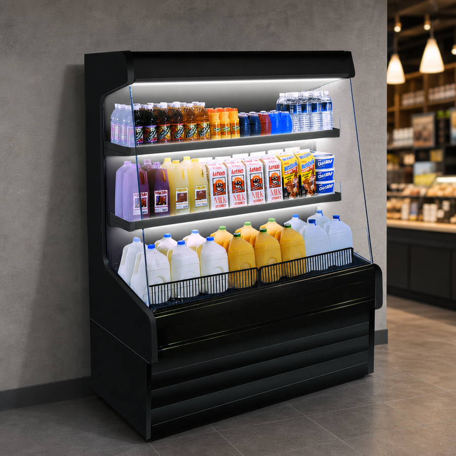 Two Rows of Lighted Shelves