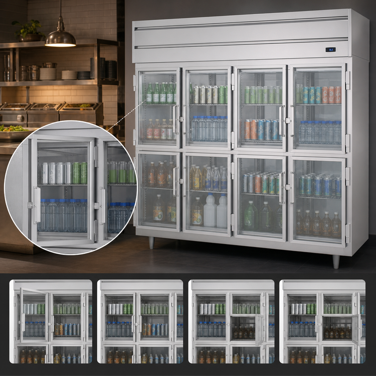 Product image #4 for Beverage-Air P-Series Two-Section Pass-Thru Refrigerator with 8 Glass Half Doors, Standard Depth, Top-Mounted Self-Contained, 48.33 Cu. Ft.
