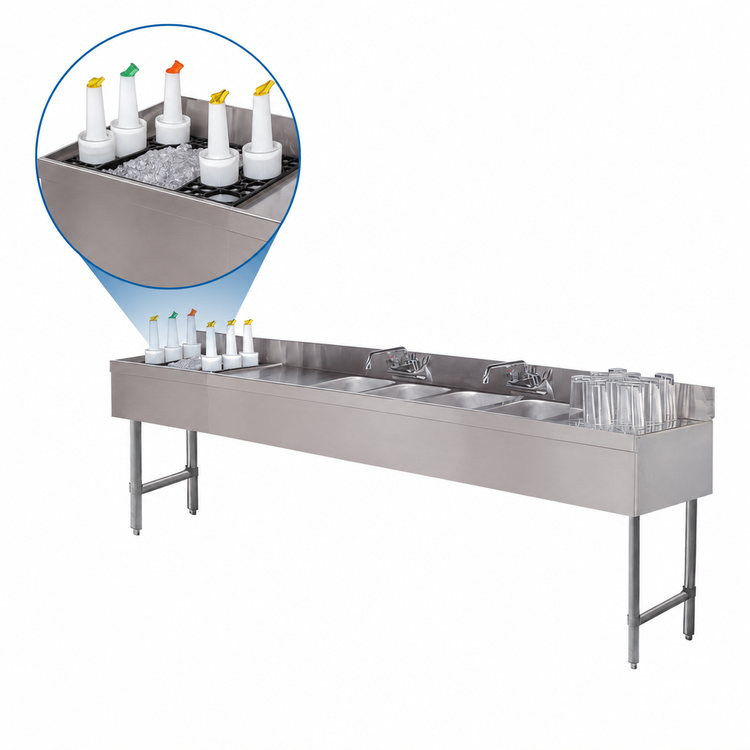 Product image #4 for Advance Tabco Underbar Basics 96-Inch Stainless Steel 3-Compartment Bar Sink and Ice Bin Combo, Left Ice Bin, with Splash-Mount Faucet