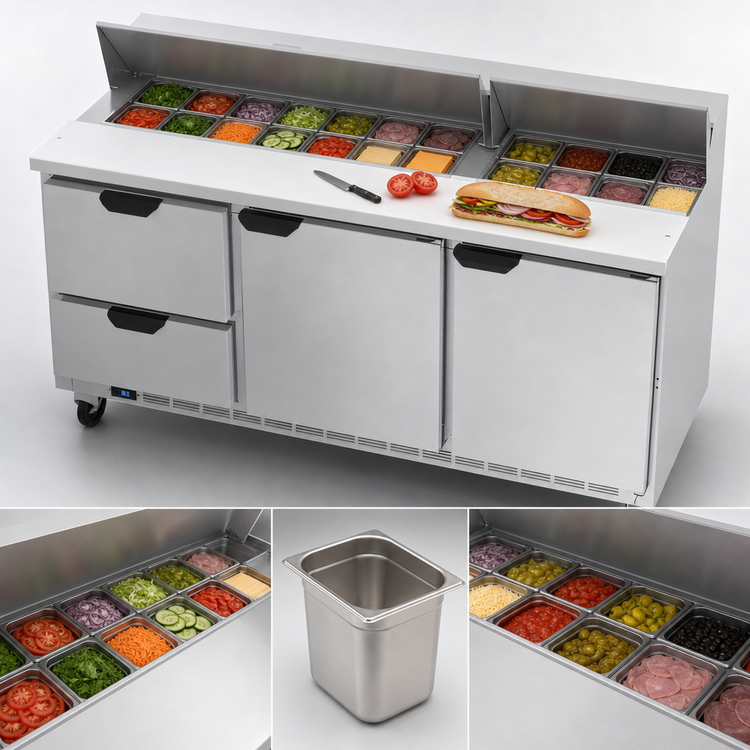 Product image #5 for Beverage-Air 72-Inch Three-Section Sandwich Top Refrigerated Prep Table with 18-Pan Opening, 2 Drawers, 2 Doors and Cutting Board