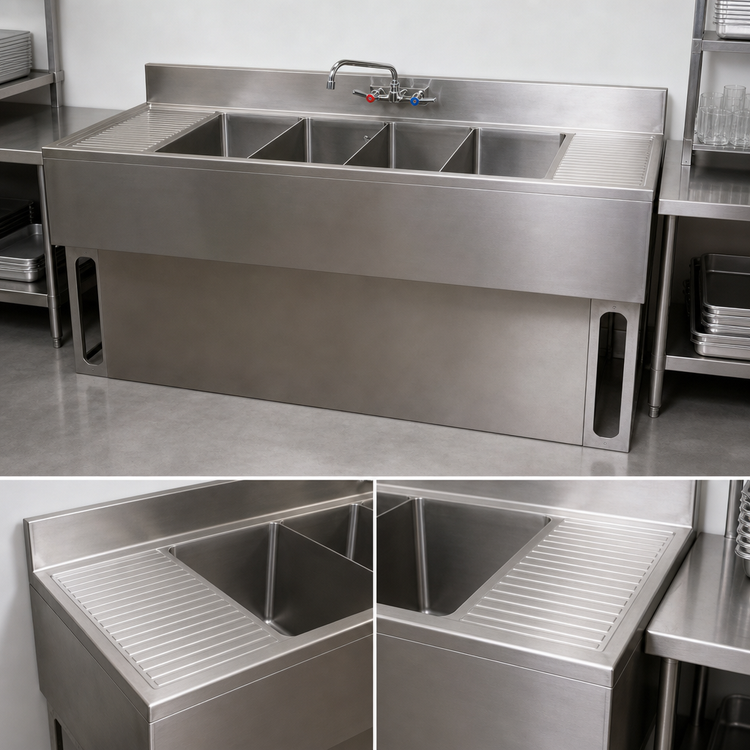 Product image #5 for BK Resources Slim-Line 4-Compartment Underbar Sink with Left and Right Drainboards, 84 Inch Wide