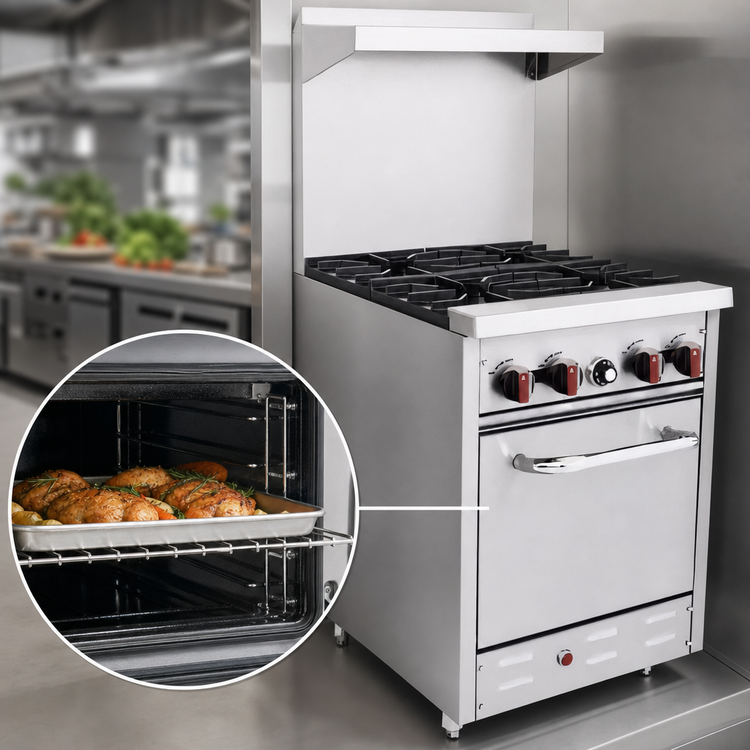 Product image #4 for BakeMax Restaurant Series 24-Inch Natural Gas Commercial Range with 4 Open Burners, Standard Oven, and Hi-Shelf
