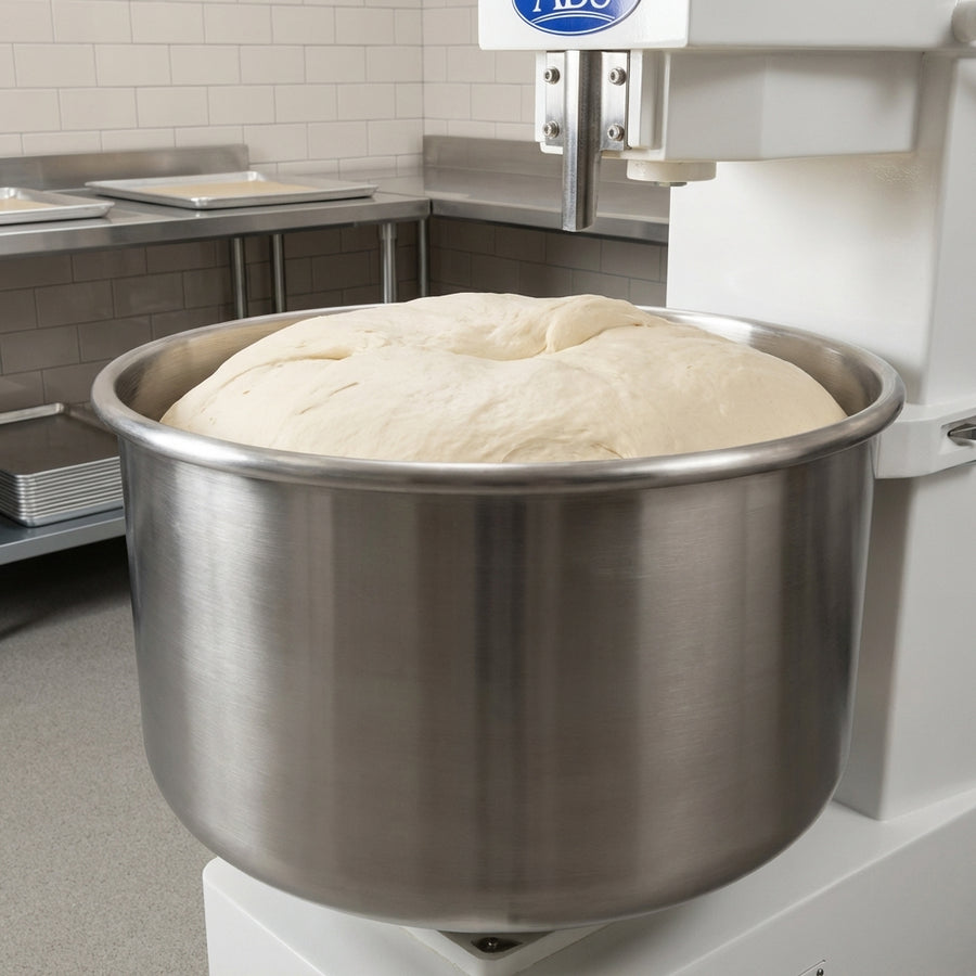 Showcasing the mixer's fixed heavy gauge stainless steel bowl, expertly designed for rigidity and maximum dough development with every batch.