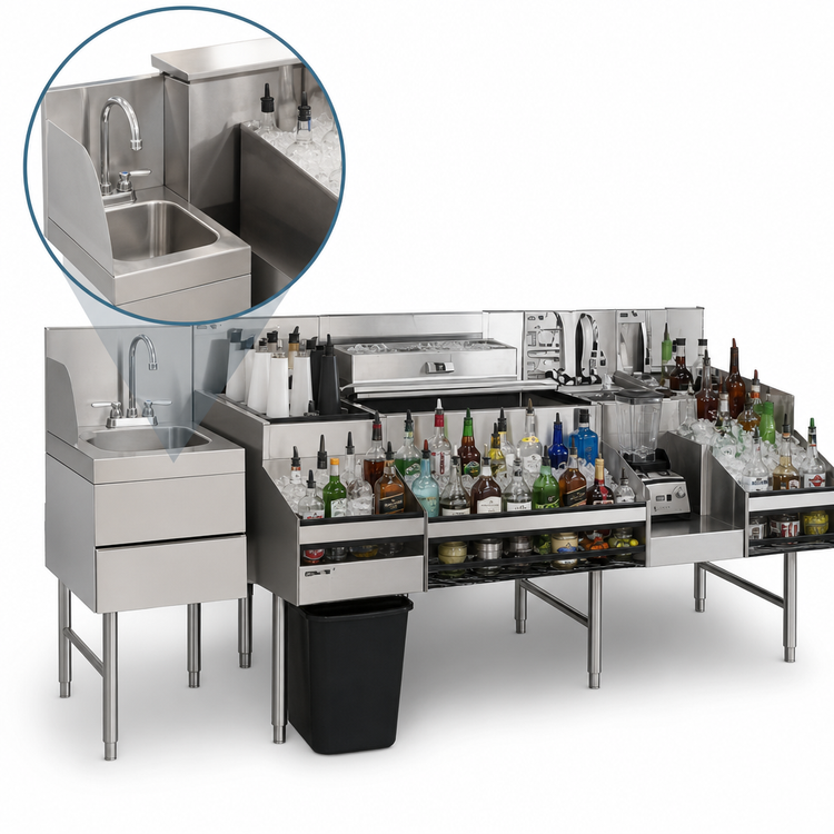 Product image #4 for Glastender 60-Inch All-In-One Underbar Ice Bin/Cocktail Station with 10-Circuit Cold Plate, Sink, and Blender Shelf