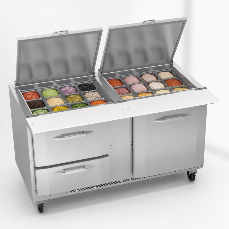 Product image #5 for Victory UltraSpec™ V-Core™ Big Top Two-Section Sandwich Prep Table with 24-Pan Top, 60-Inch, Doors & Drawers