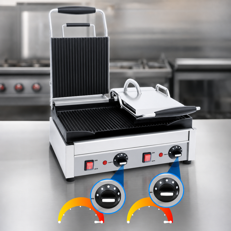 Product image #4 for Eurodib Commercial Double Countertop Panini Press with Ribbed Cast Iron Plates, 18 x 11 Inches, 240V