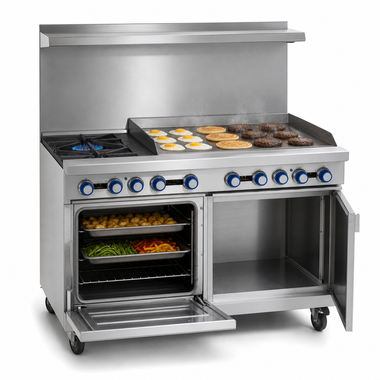 Product image #4 for Imperial Pro Series 48-Inch Commercial Gas Restaurant Range with 2 Open Burners, 36-Inch Griddle, Standard Oven, and Open Cabinet Base
